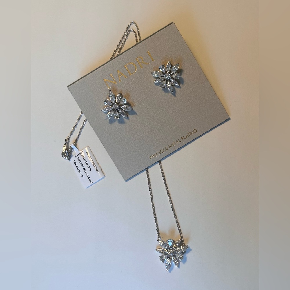 NWT NADRI Silver Necklace & Earrings Set, Precious Metal Plating, Floral Design